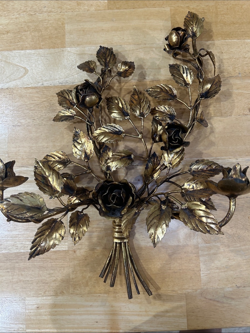 FABULOUS PAIR RARE VINTAGE ITALIAN GILT ROSE DOUBLE WALL SCONCES - Picture 11 of 16